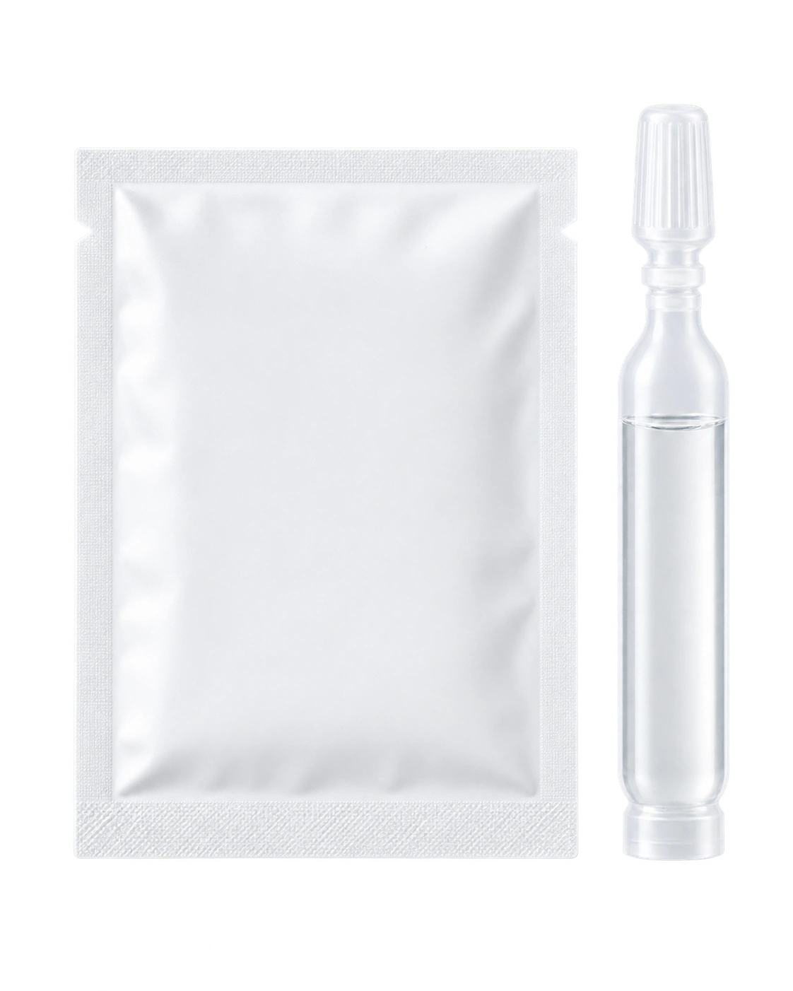 Generated packaging-format reference of an unlabeled white lyophilized sheet-mask sachet beside a closed solvent twist-off ampoule. Not a photograph and not confirmed stock.