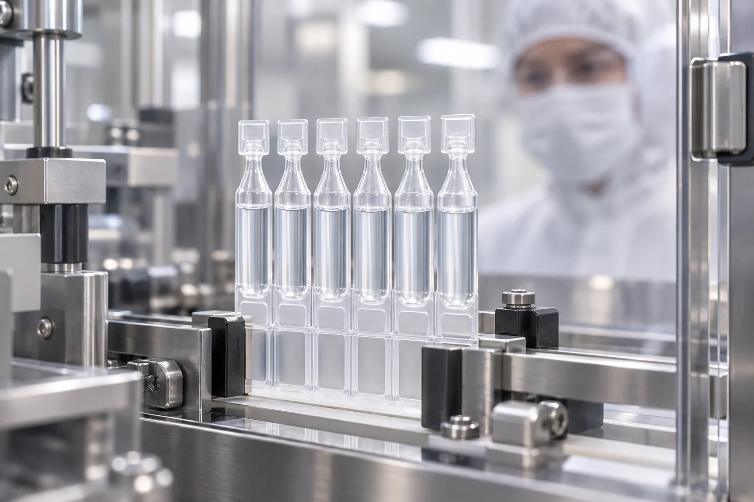 Sealed polymer single-dose strip inside an enclosed packaging machine
