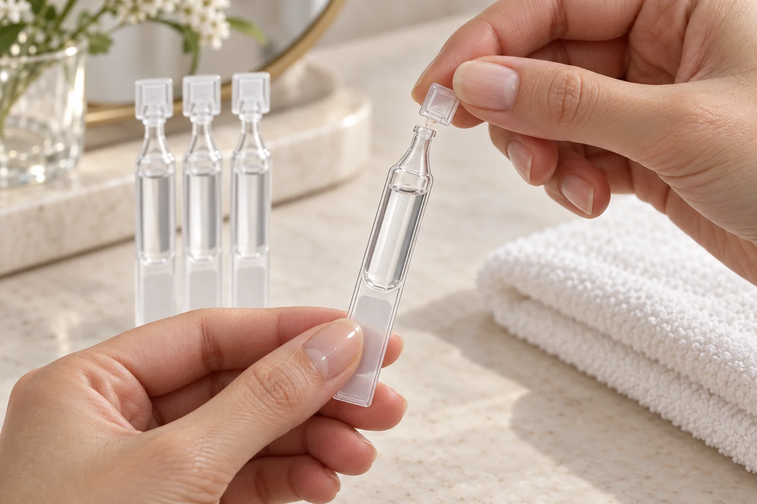 Hands separating the flat twist-off tab of a single-dose unit