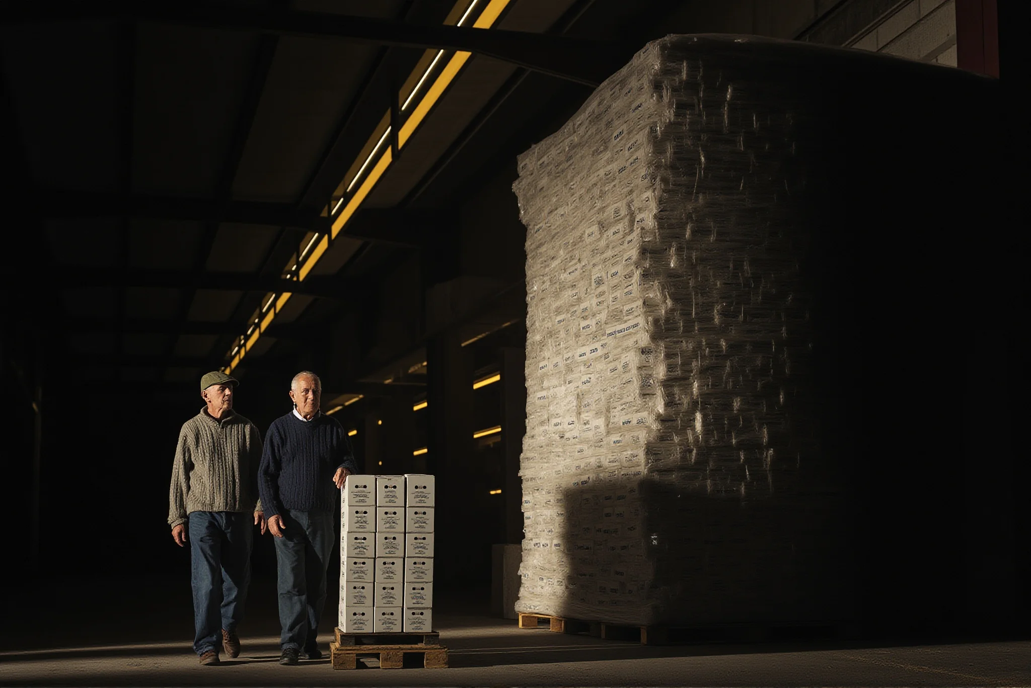 Two buyers comparing a small carton stack with a larger pallet of identical closed cartons