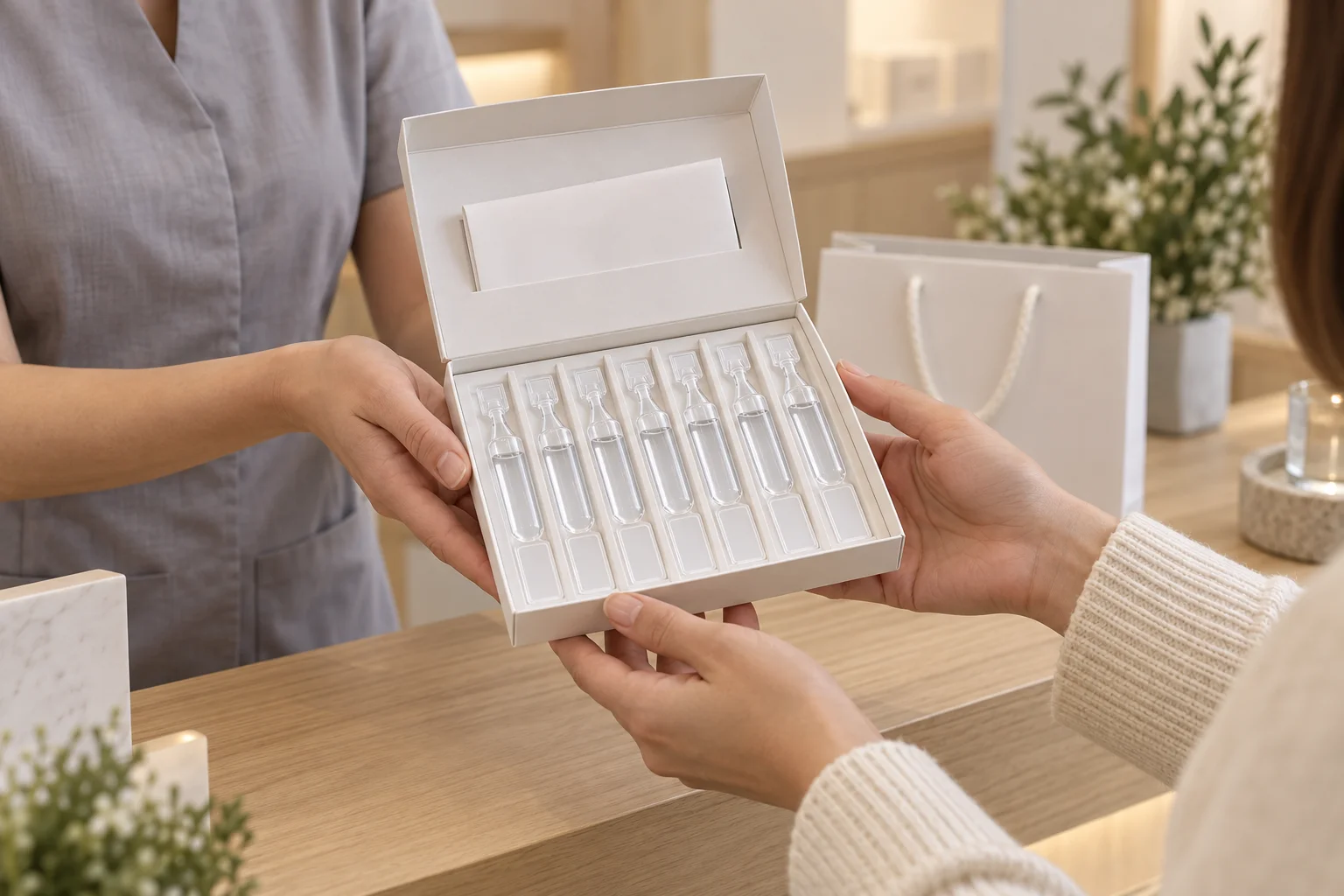 A medspa staff member handing a visitor an open seven-unit take-home kit