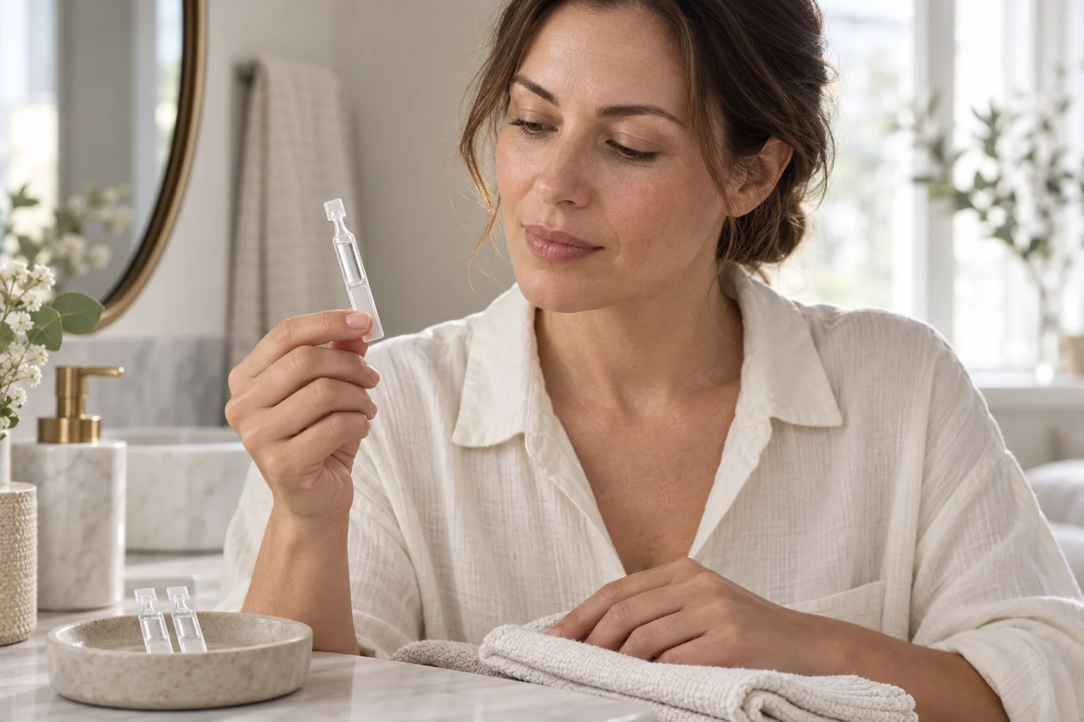An adult holding a sealed single-dose skincare unit during a quiet home routine