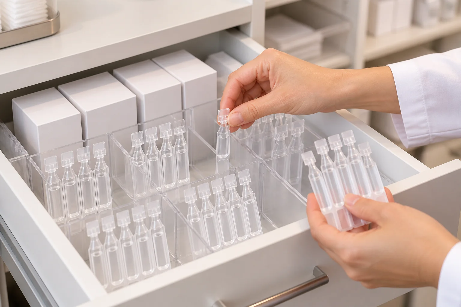 Clinic staff organizing counted single-dose kits in a storage drawer