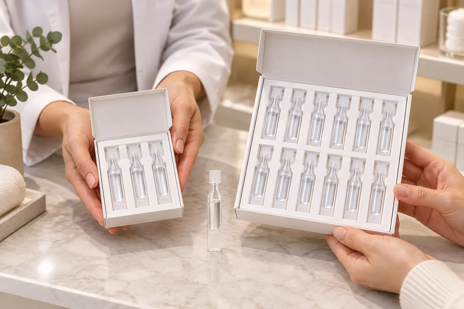 Starter and refill skincare kits arranged in fitted retail boxes
