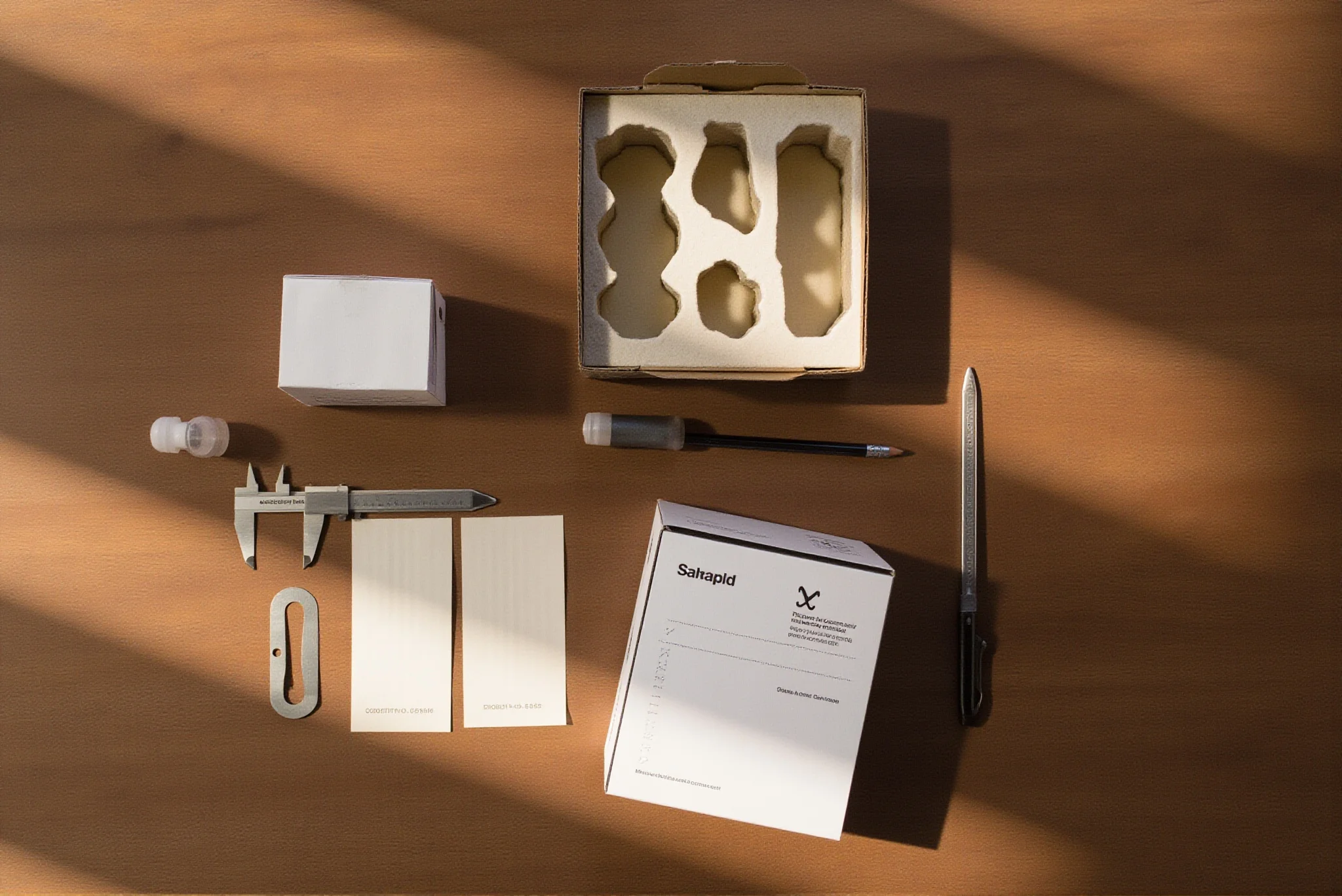 Pilot carton, molded insert and measuring tools on a wooden packing table