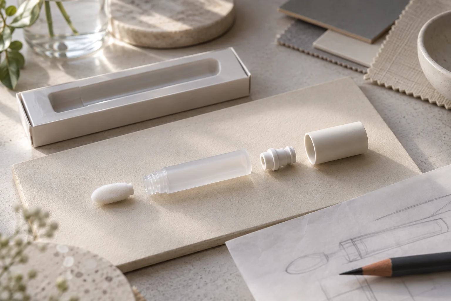 Unassembled cosmetic swab concept components and a planning sketch