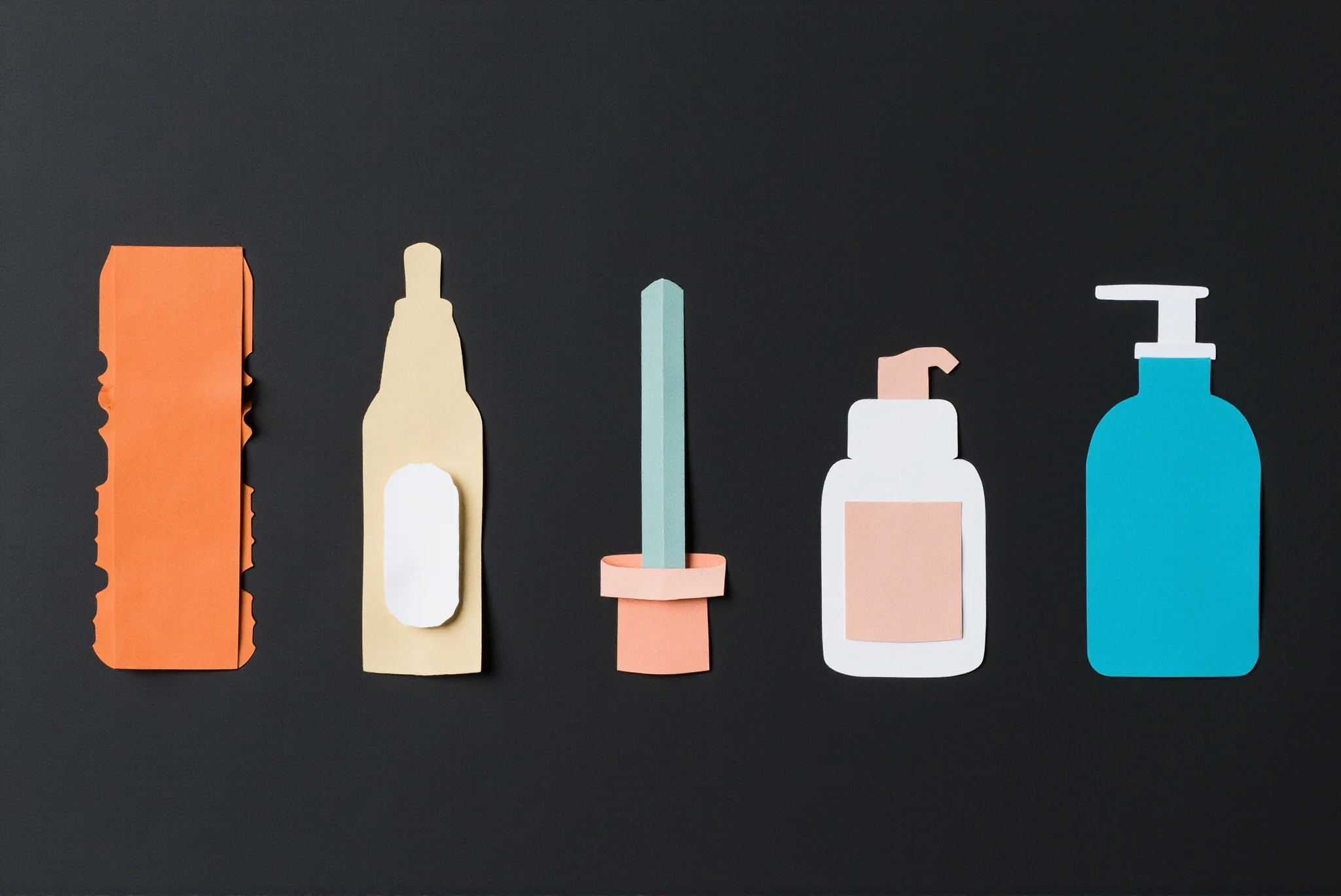 Paper-cut silhouettes of five skincare packaging routes on a charcoal ground