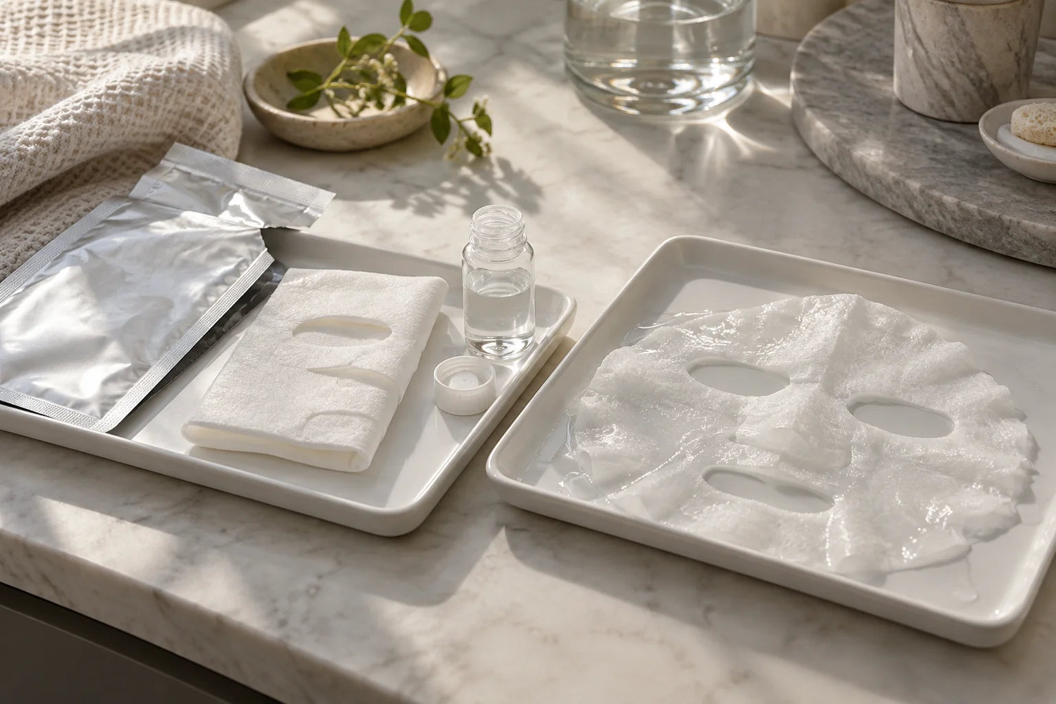 Dry facial sheet mask and activator beside a wetted mask in a preparation tray