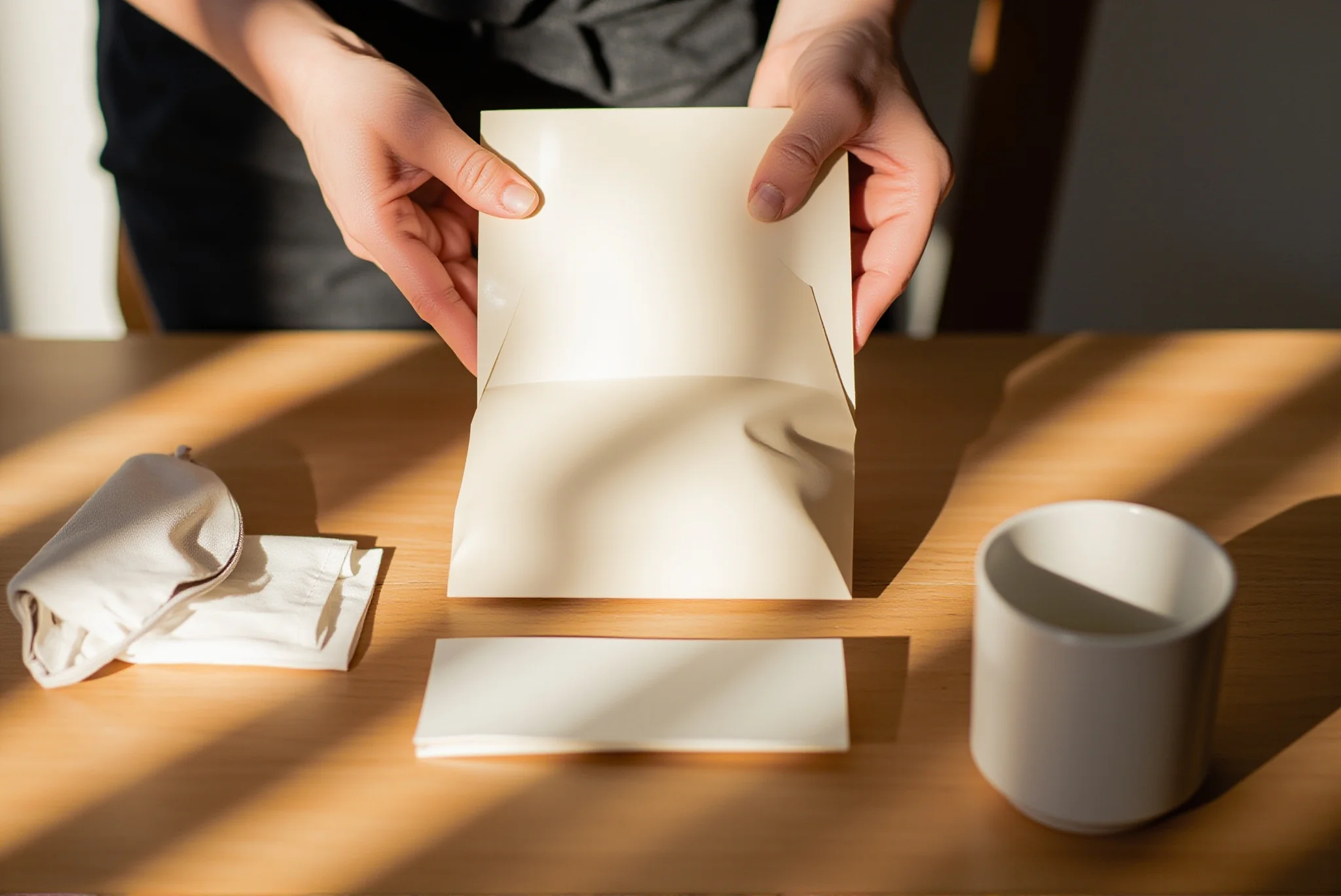 An adult opening a compact ivory trial mailer beside a linen pouch at a kitchen table