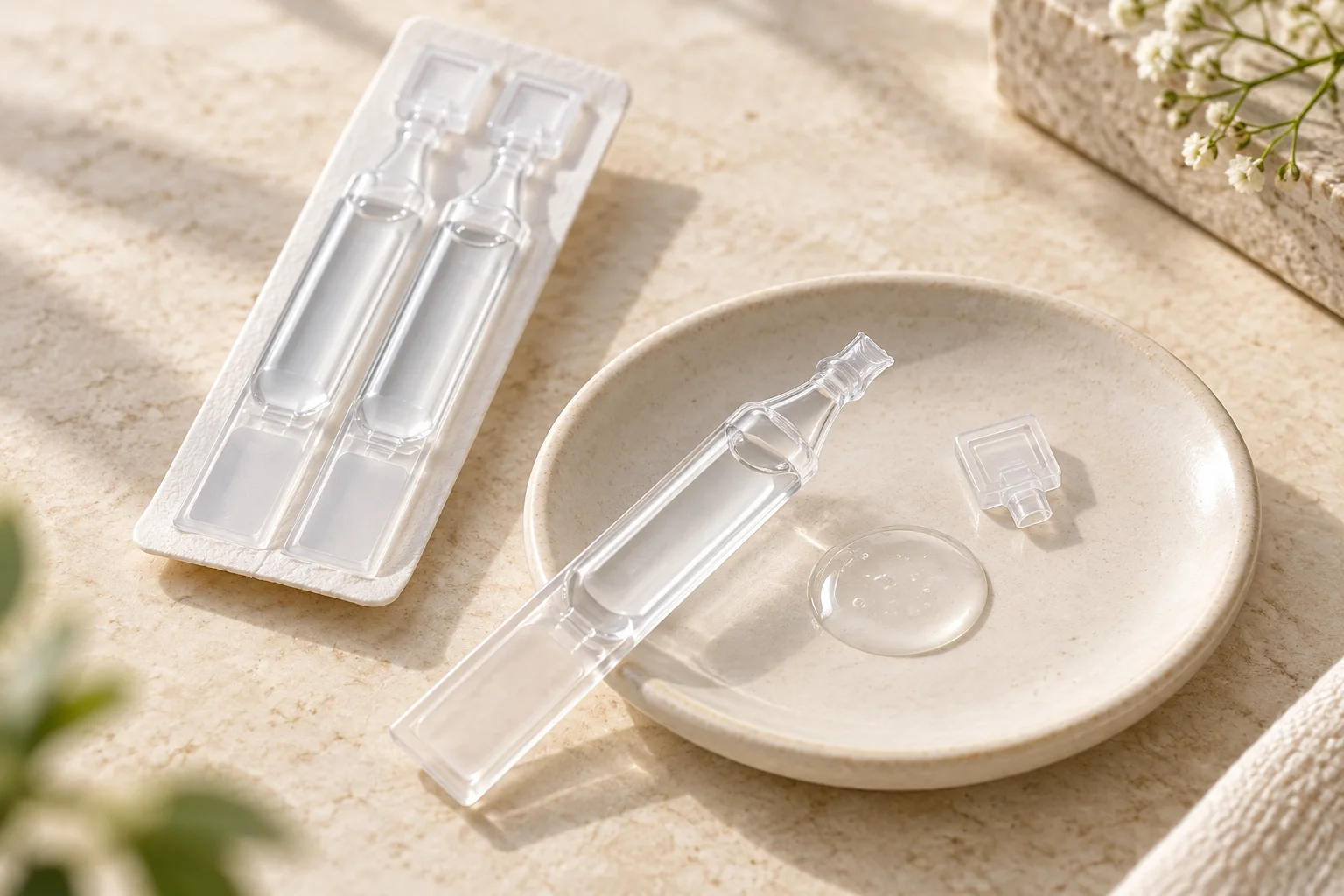 An opened polymer single-dose unit with its detached tab, a serum portion and sealed units.