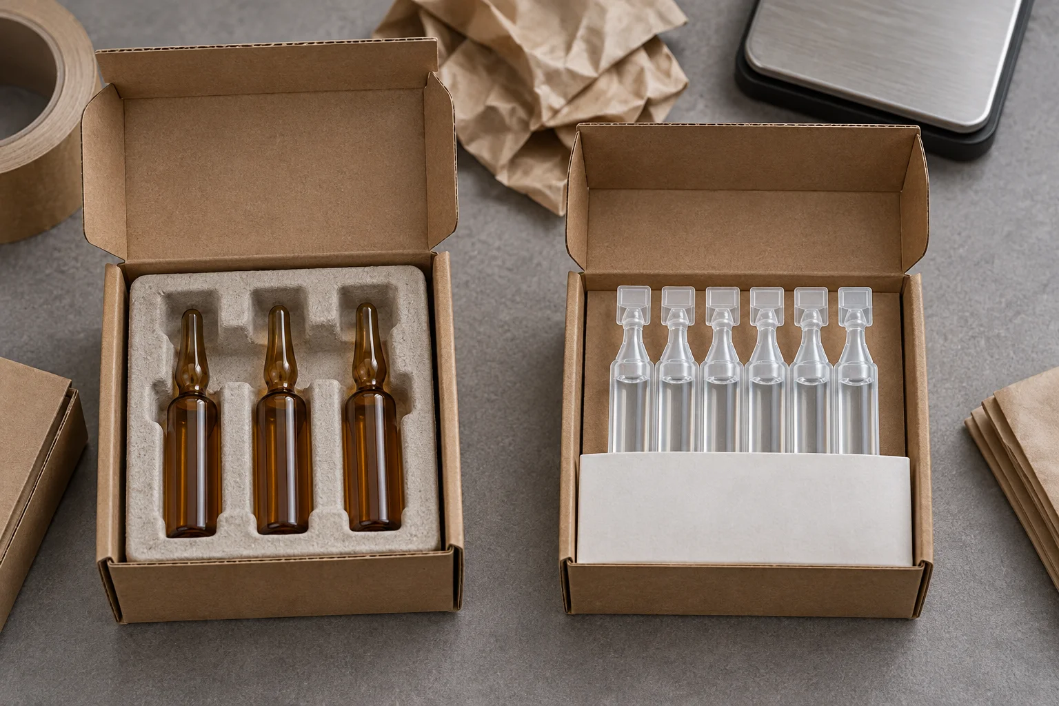 Glass ampoules in protective pulp inserts beside polymer units in a compact paper sleeve.