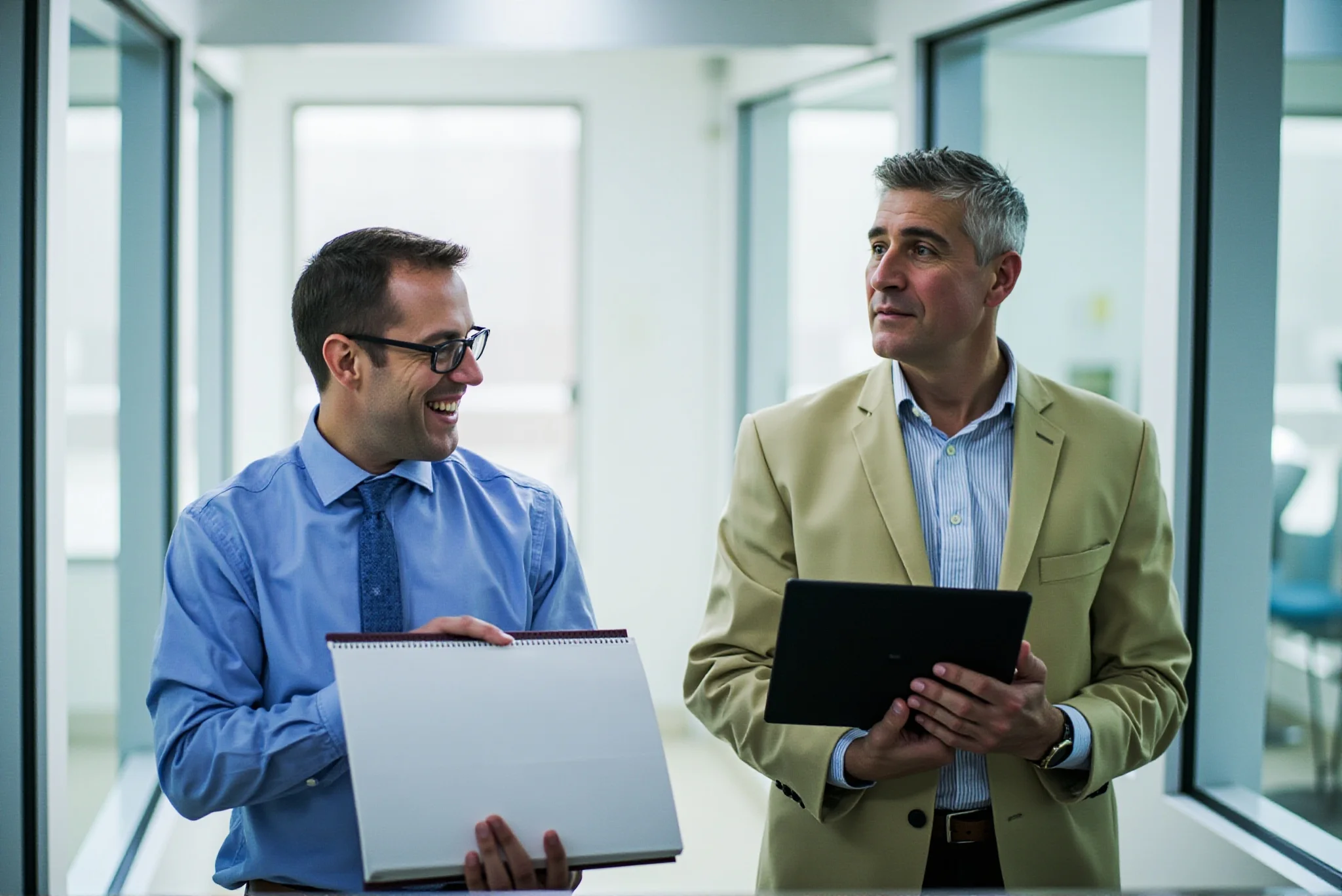 Two people reviewing a manufacturing facility through a corridor window, binder in hand