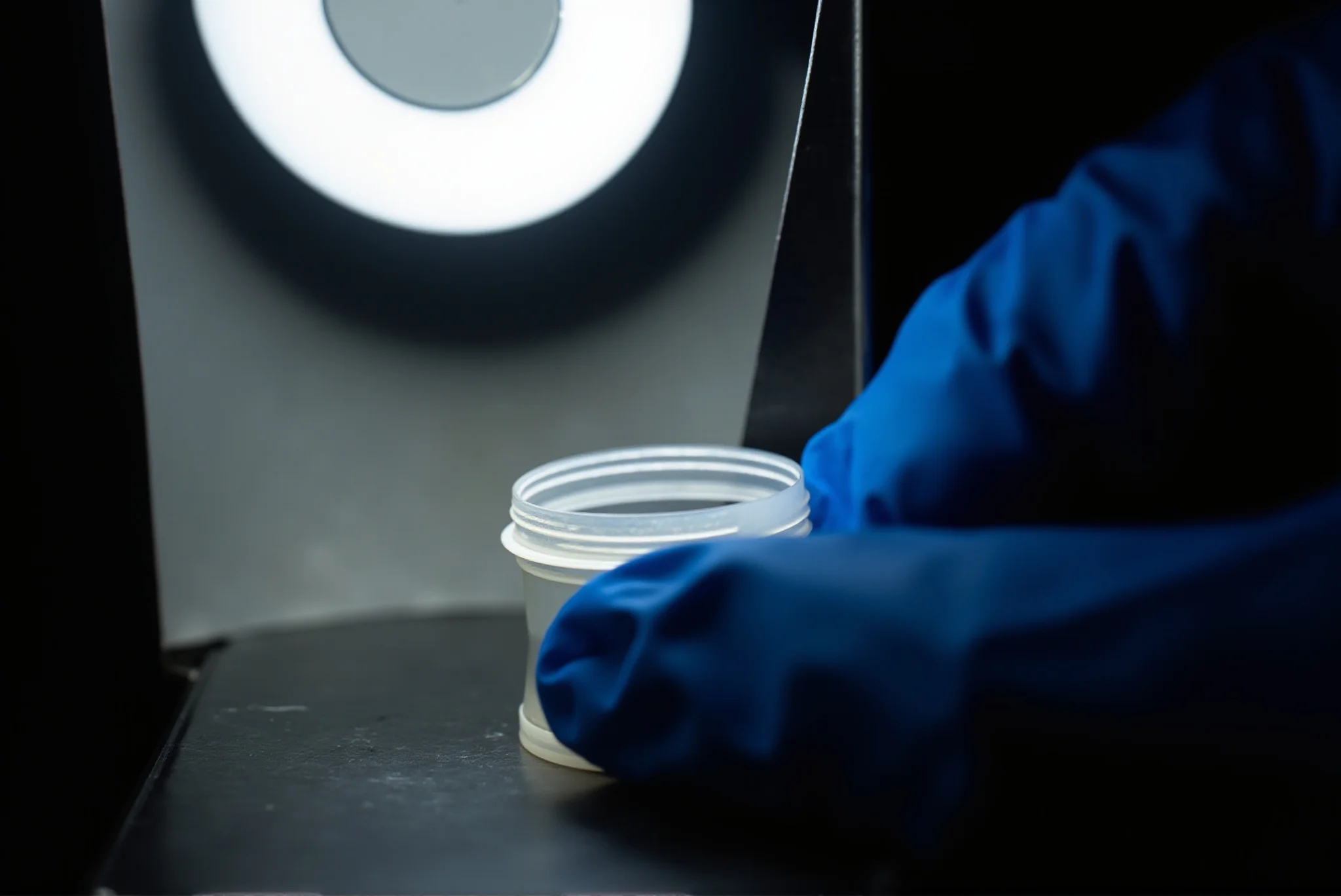 Gloved hand inspecting a polymer heat-weld ridge under a small ring light