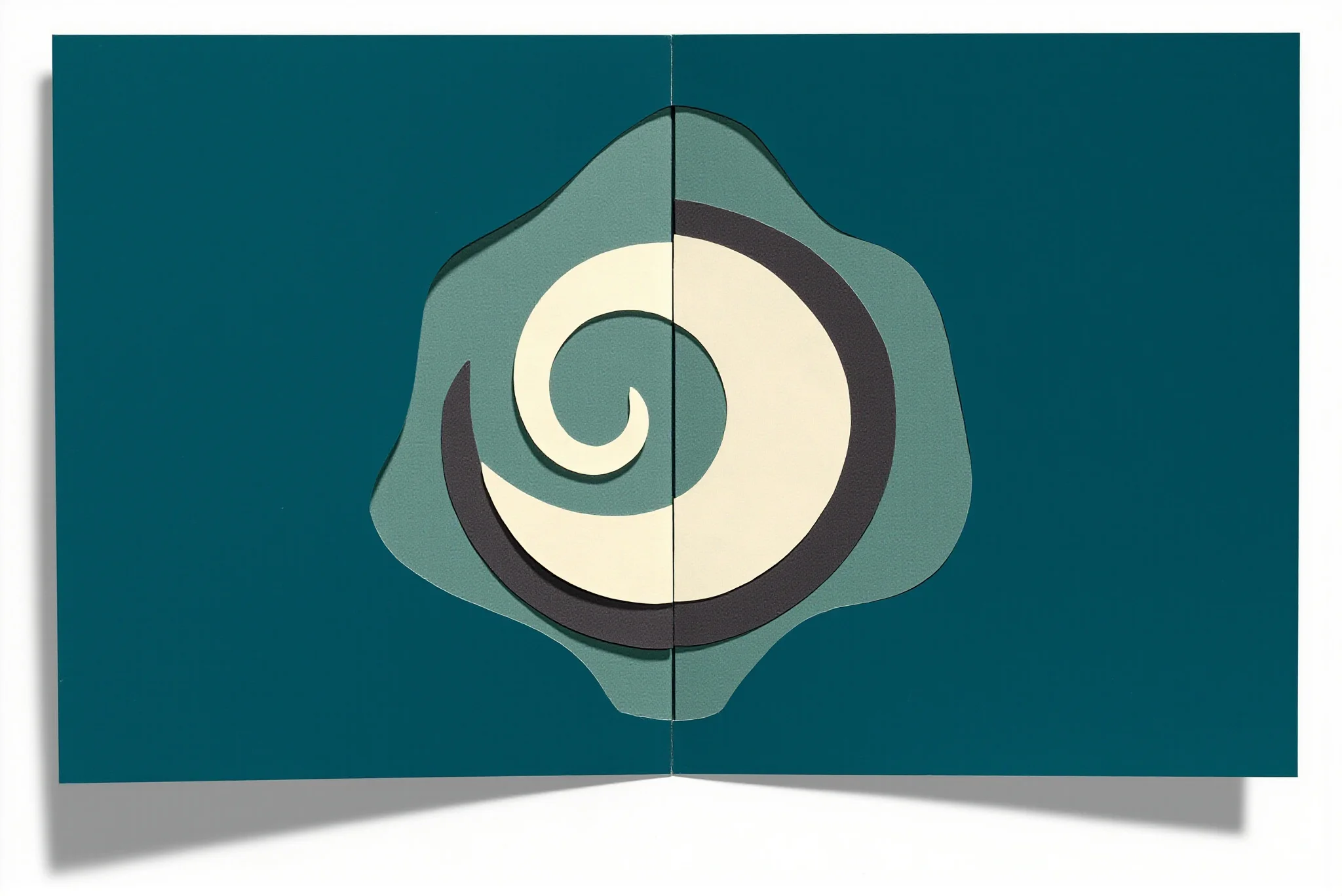Layered cream and charcoal paper swirl on a teal folded sheet