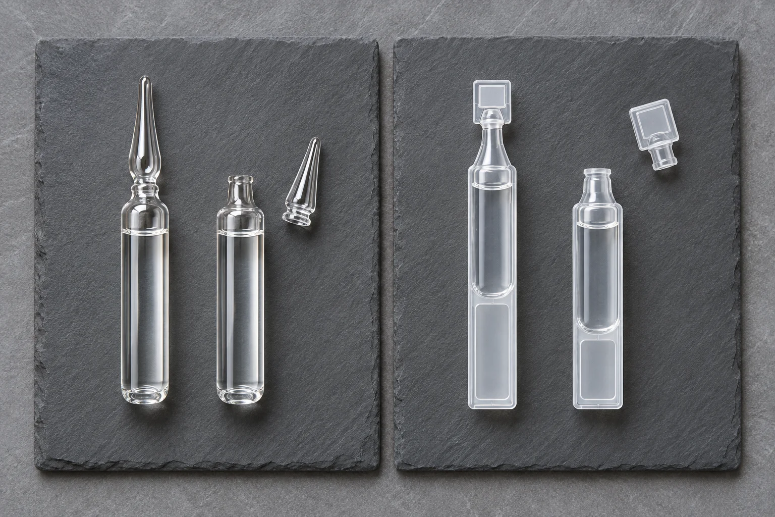 Sealed and opened glass ampoules beside polymer BFS units and their different detached tops.