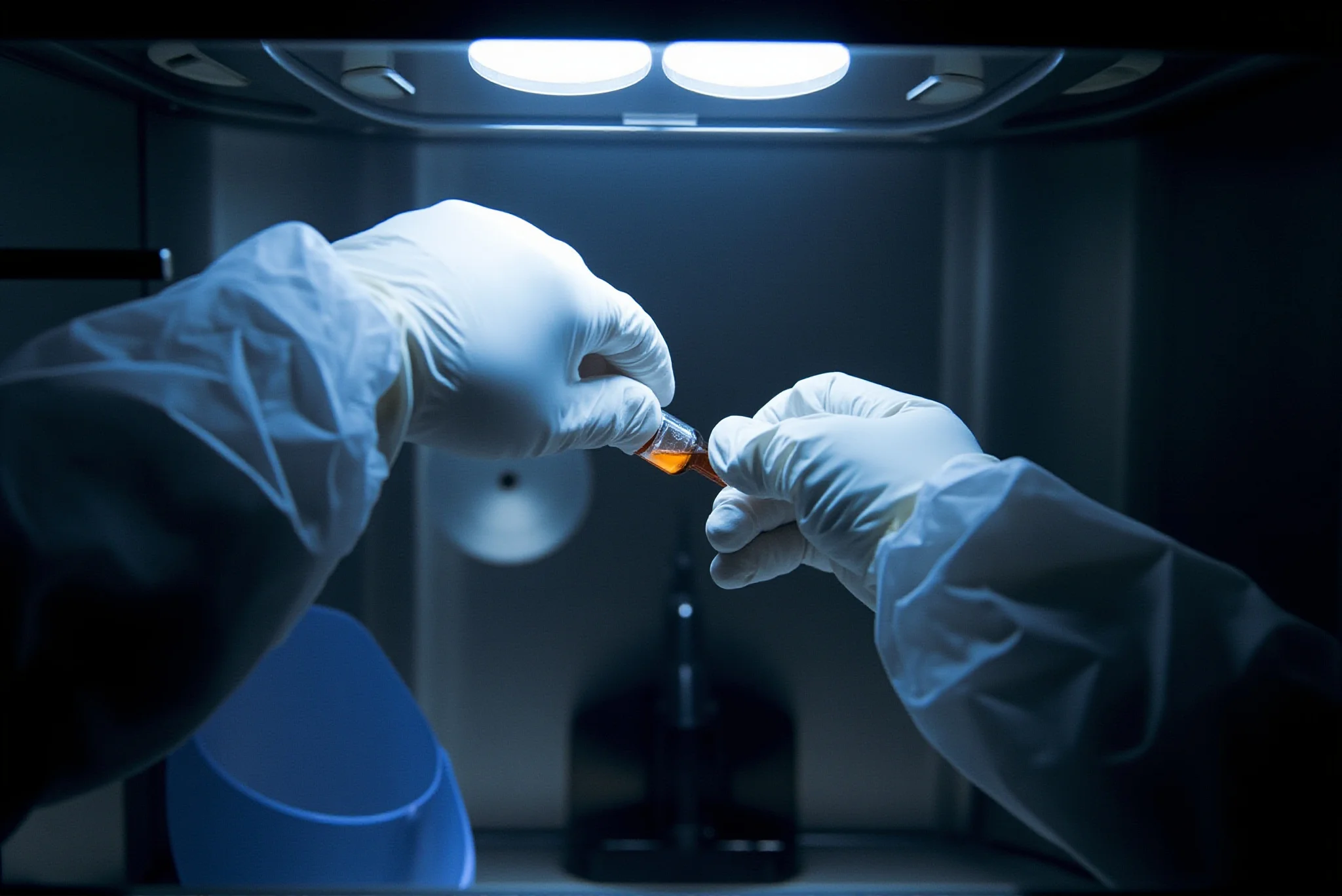 Gloved hands handling a small container in a dark enclosed workspace