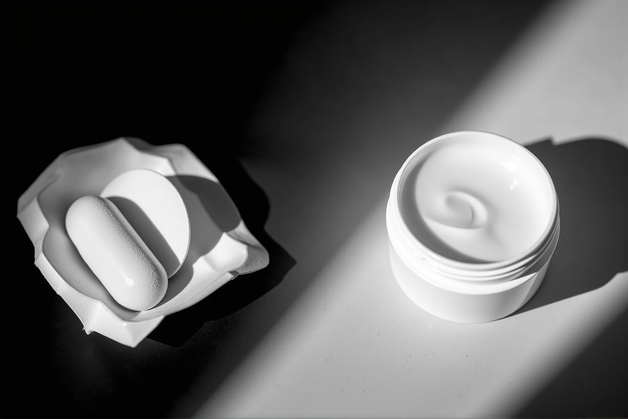 Stylized sealed portion beside an open cream jar in directional light
