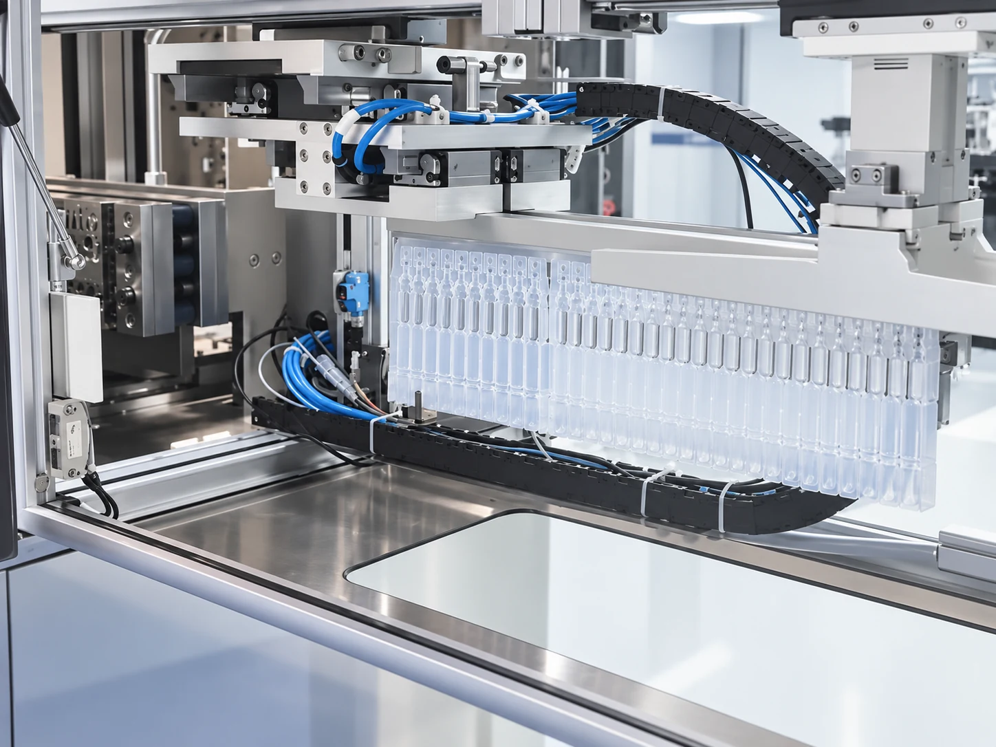 Automated tooling holding a row of formed single-dose containers