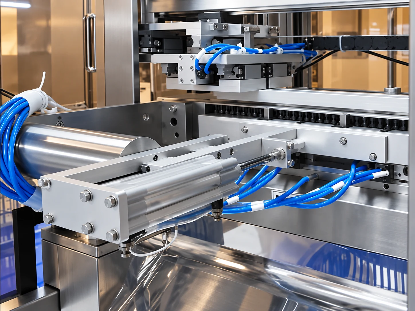 Linear actuator and blue pneumatic tubing inside production equipment