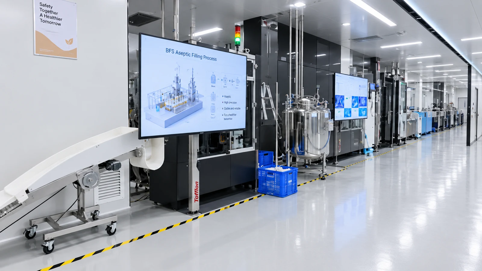 BFS equipment and process displays along a bright production hall