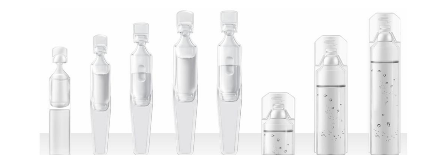 Line-up of individual Blow-Fill-Seal units in several heights and opening styles