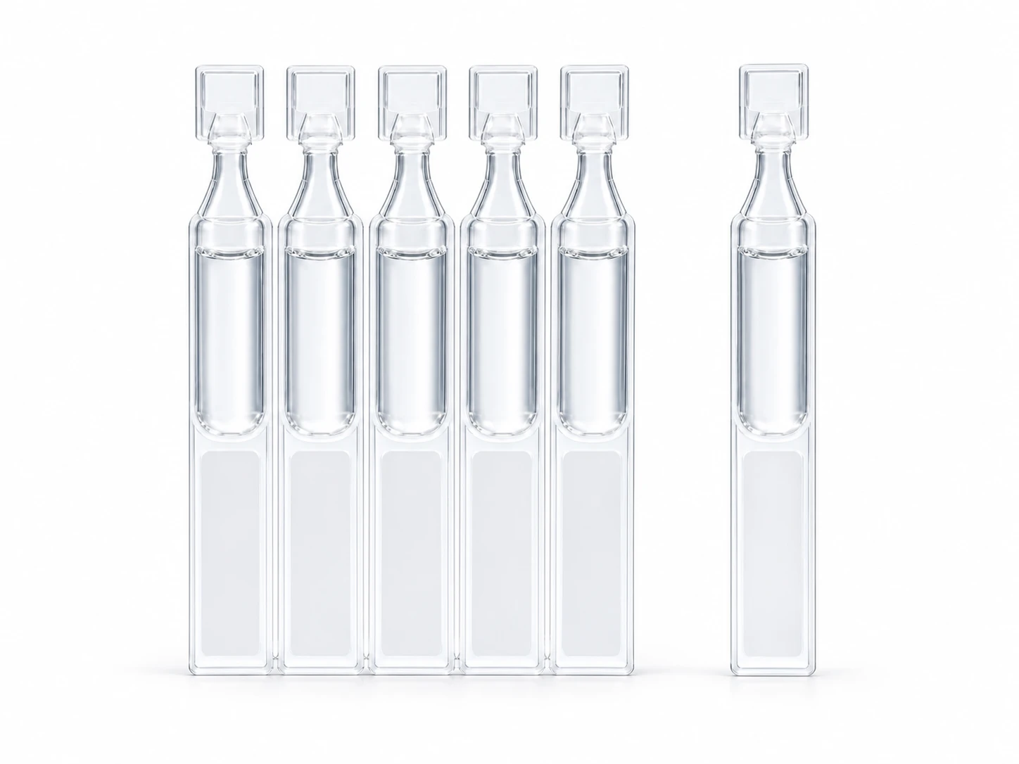 Illustrative sealed BFS polymer ampoules with flat twist-off tabs and lower skirts