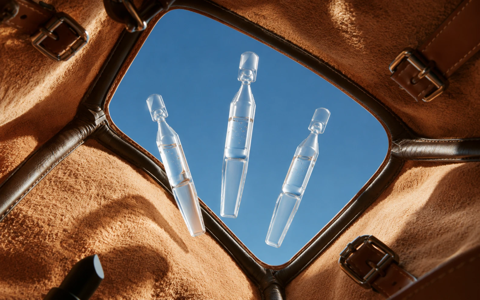 Three transparent BFS ampoules shown above an open travel case to communicate lightweight shatter resistance