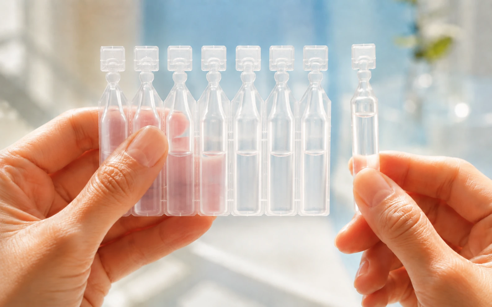 One transparent BFS ampoule detached from a connected strip while the remaining doses stay sealed