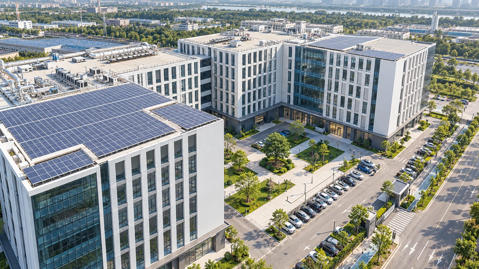 Aerial view of a campus with landscaped courtyards and rooftop solar panels