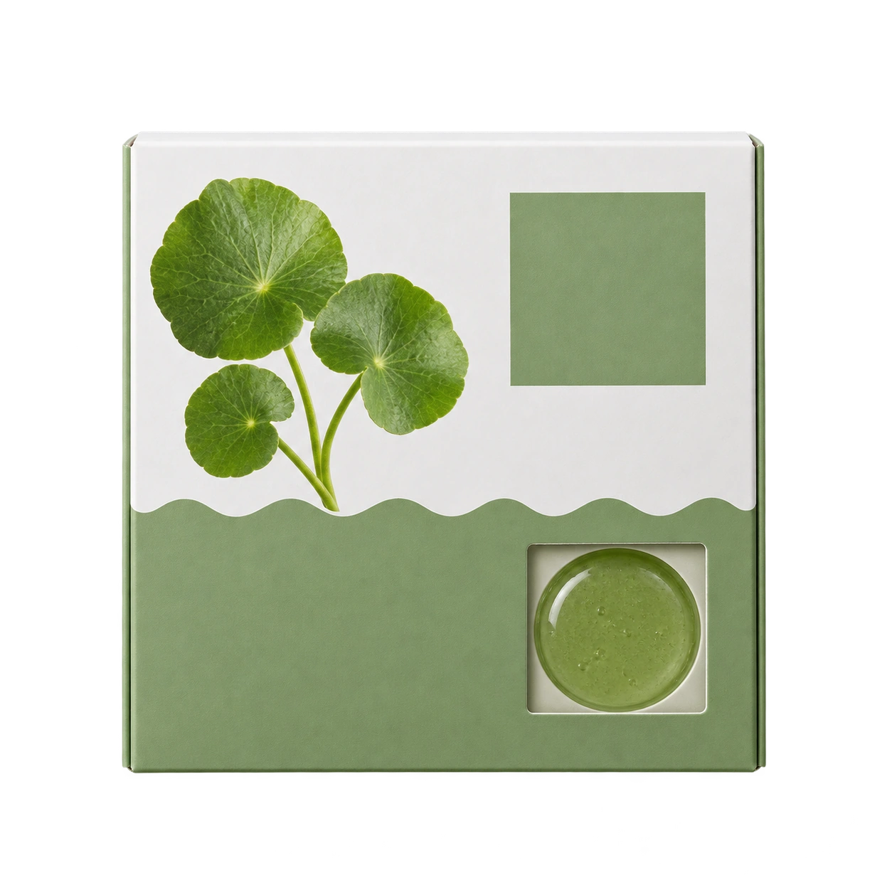 Generated packaging-format reference of a closed square green sheet-mask carton. Not a photograph and not confirmed stock.