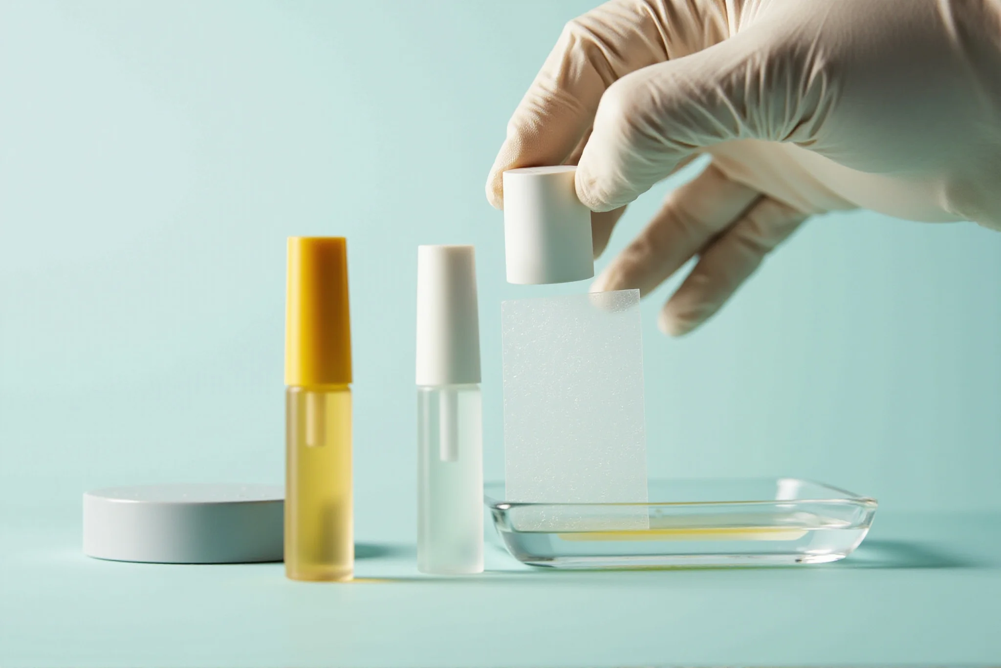 Gloved hand comparing sample containers, a polymer swatch and serum in a shallow dish