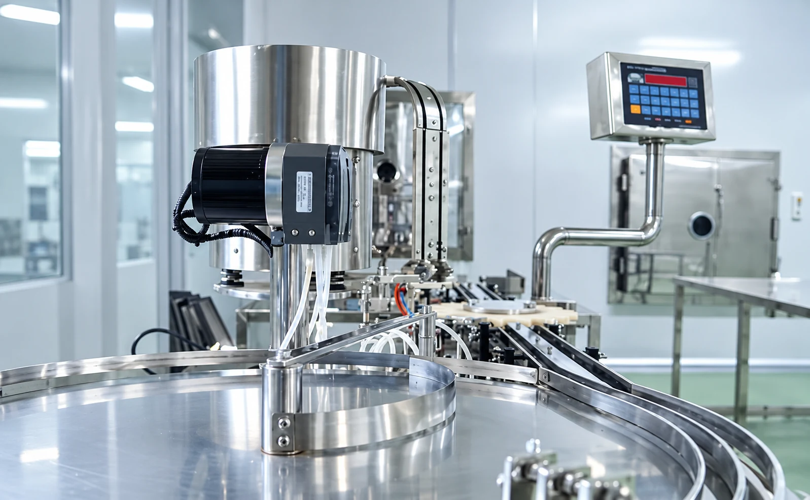 Stainless conveyor and equipment with a nearby control display