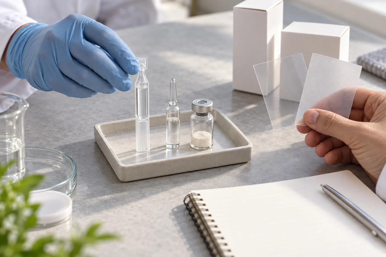 Generated illustration of a skincare project review comparing BFS, glass and freeze-dried packaging samples