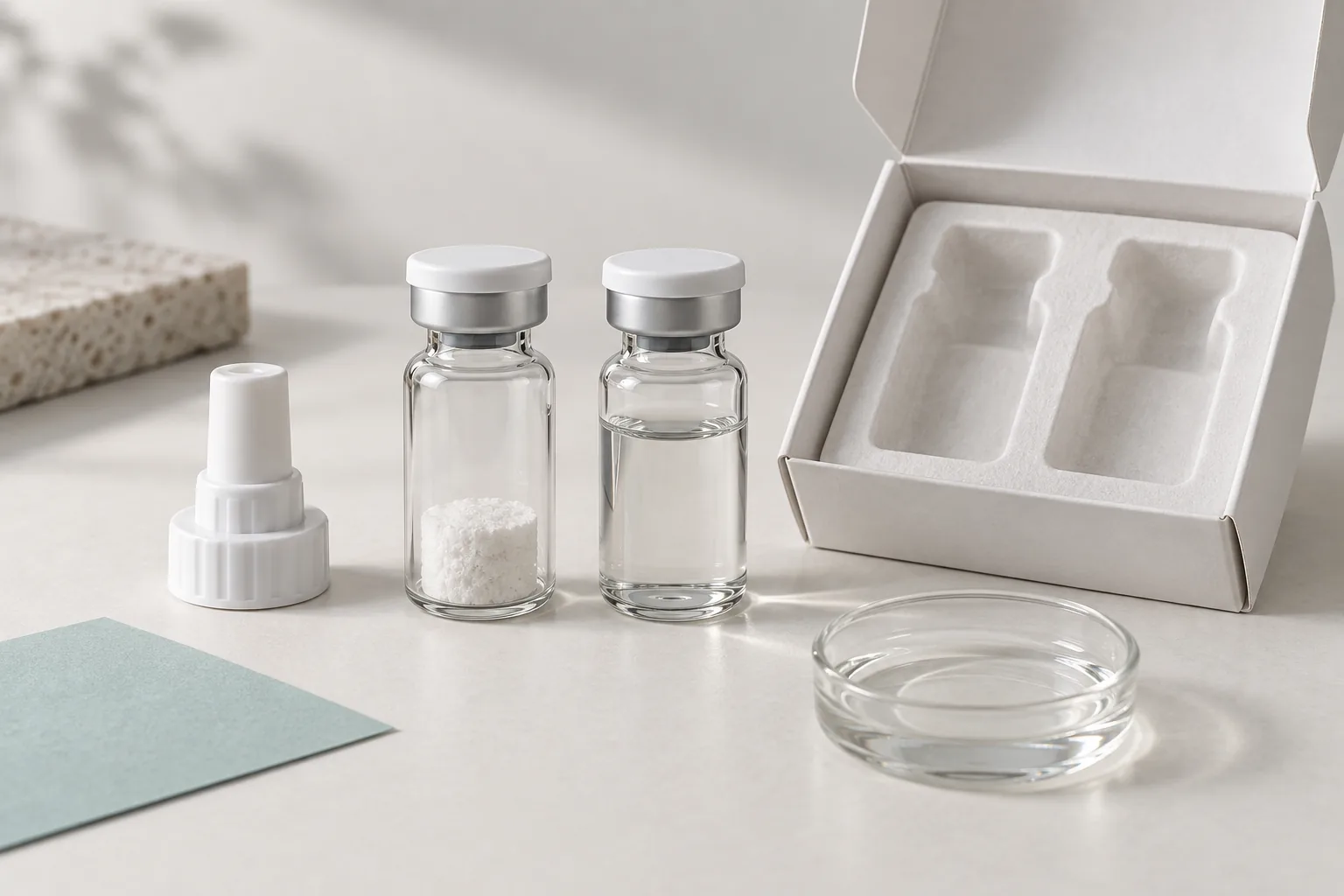 Dry serum vial and companion liquid beside a dispensing adapter and two-part carton insert