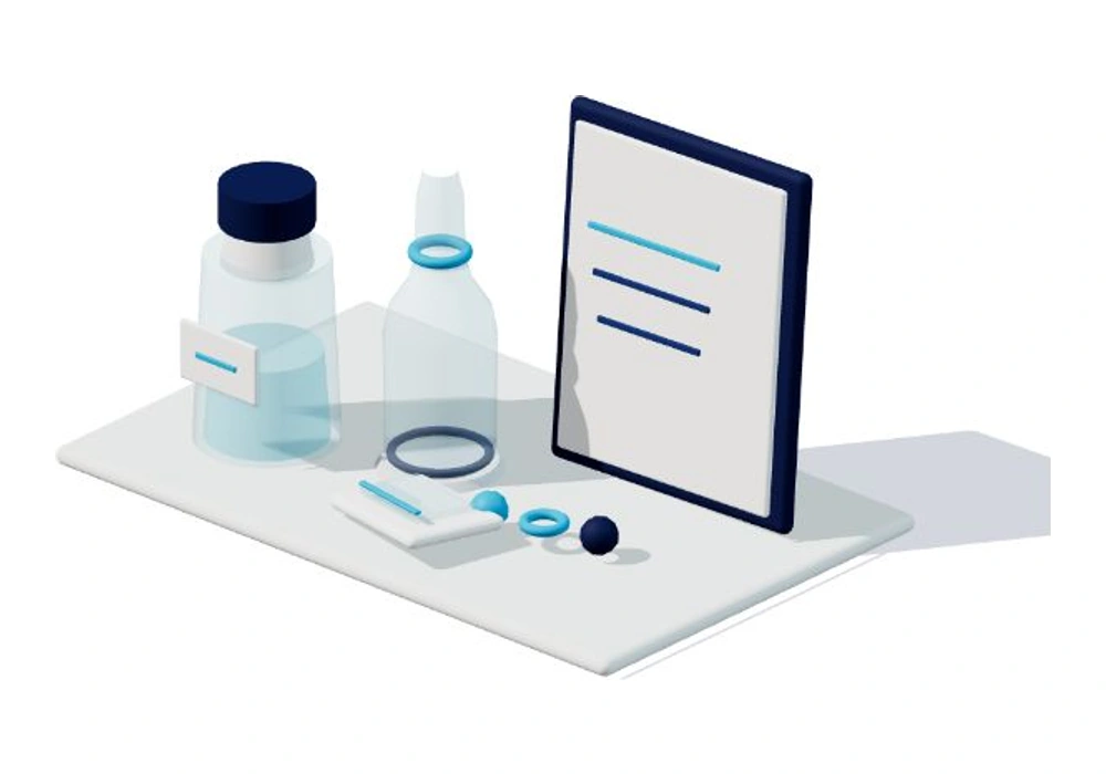 Isometric compatibility-review tray with a formula sample, empty glass ampoule, glass coupon and project folder