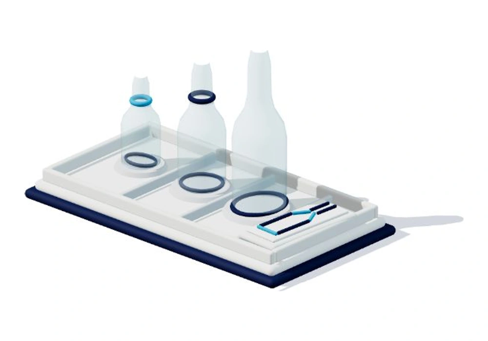 Isometric selection tray with three different empty glass ampoules, colour rings and a non-numeric profile gauge