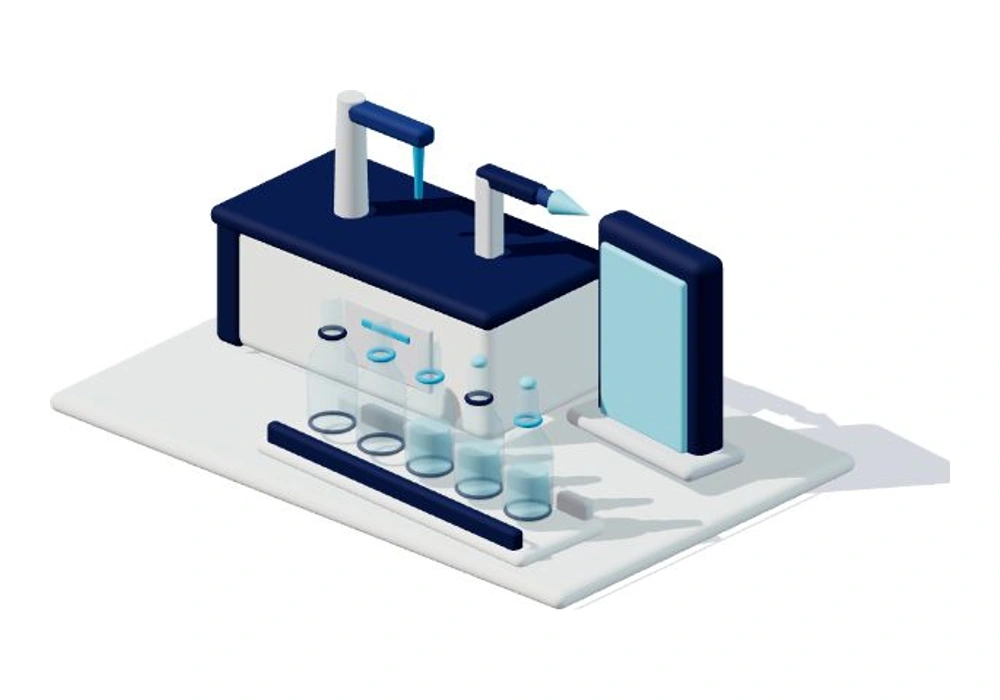 Isometric compact pilot cell with a filling arm, flame-sealing cue, inspection light and a small set of sample ampoules