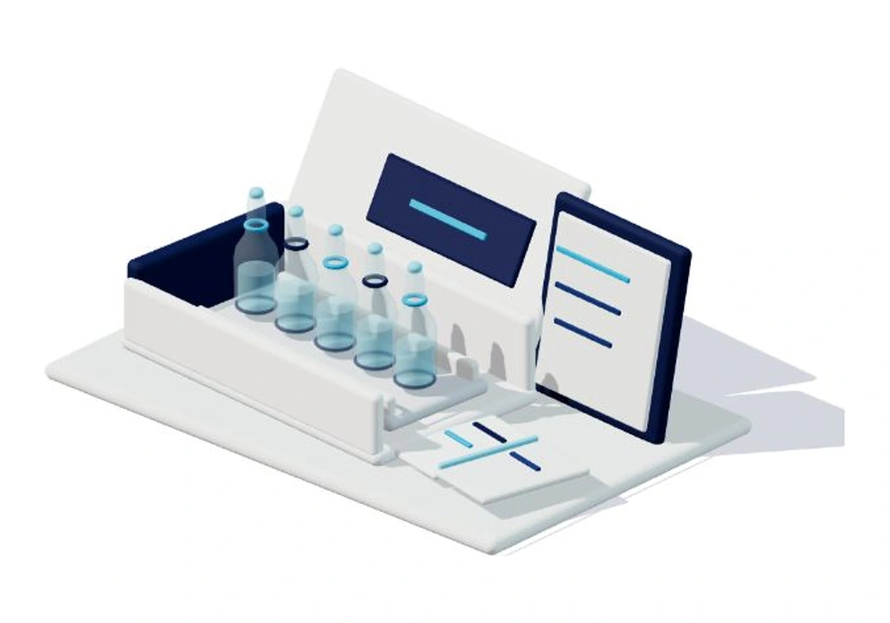 Isometric open secondary carton with an insert of sealed ampoules, leaflet and document wallet