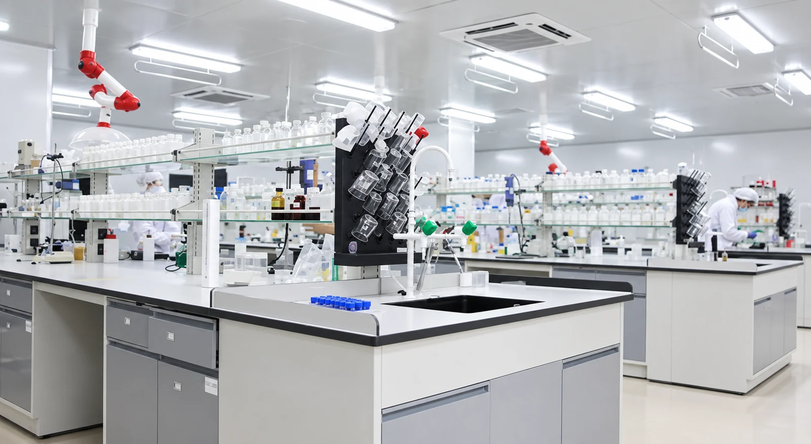 Bright laboratory with work benches, sinks and extraction arms