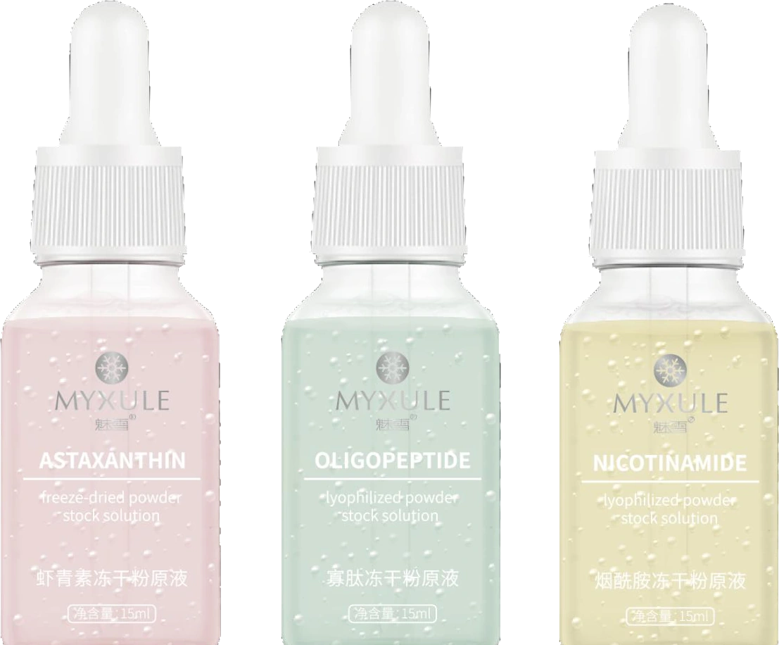 Photograph of three colour-coded dropper-capped freeze-dried powder vials