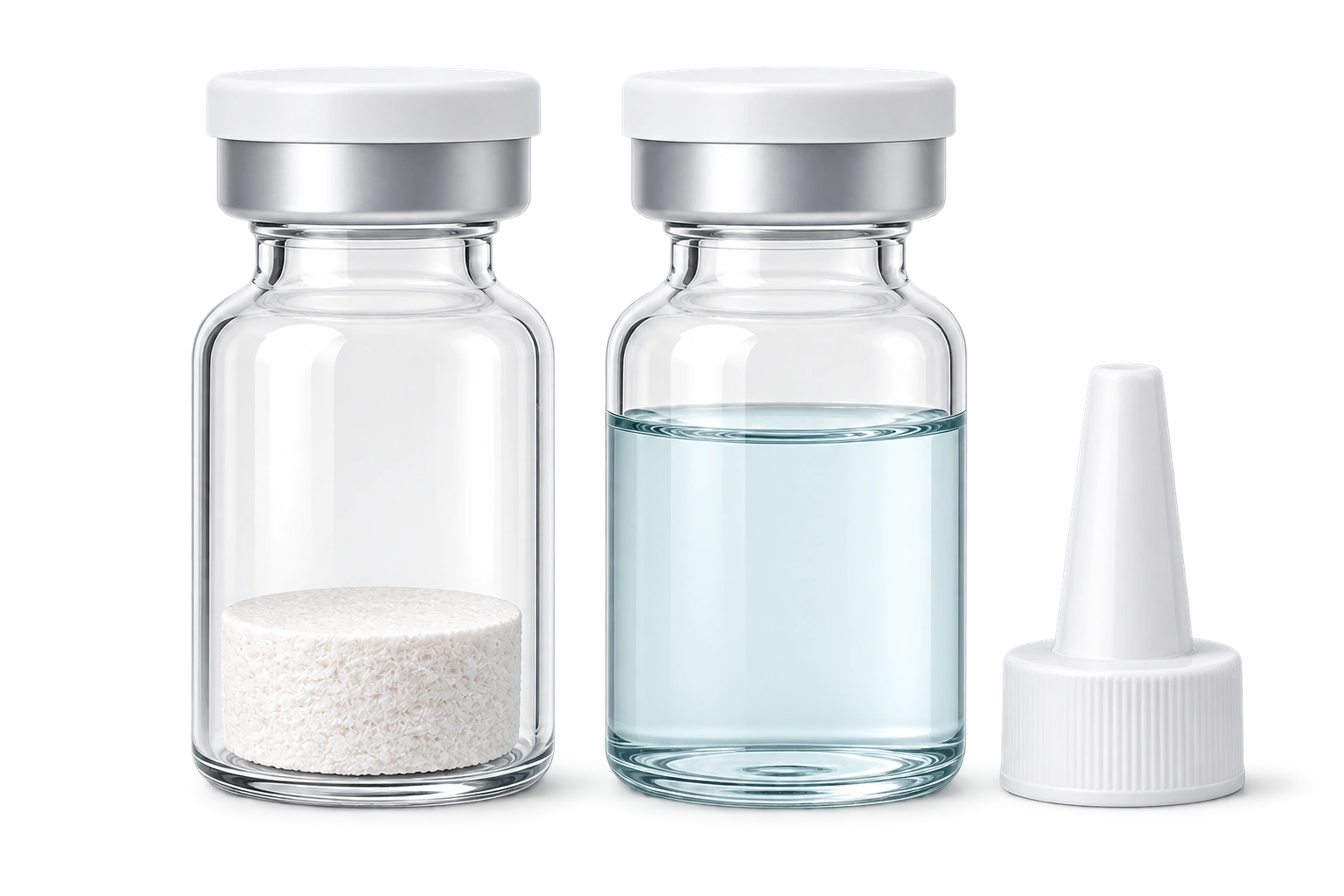 Separate vial of white lyophilized cake or powder with a clear single-dose diluent ampoule.