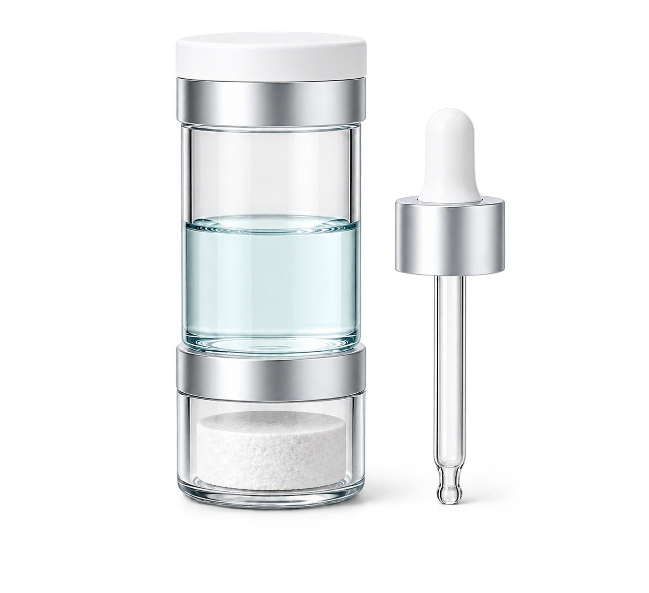 Conceptual handheld package with separately contained liquid and lyophilized product, accompanied by a removable dropper.