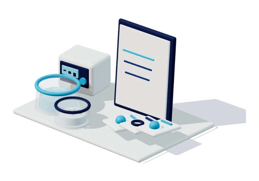 Isometric formula-screening kit with samples, project folder and a generic laboratory instrument