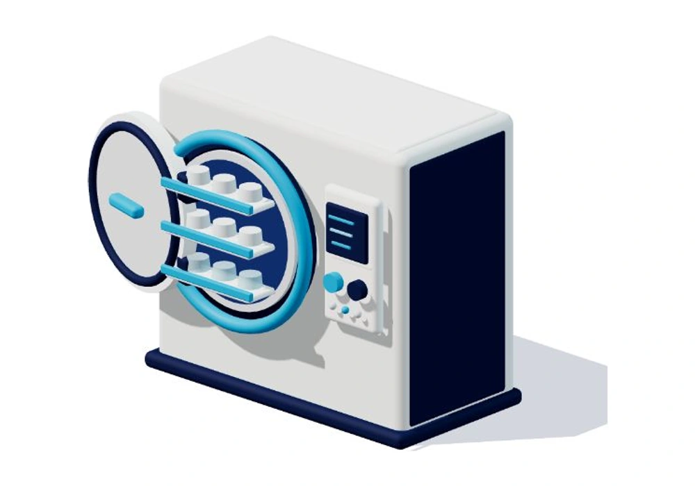 Isometric generic freeze dryer with an open chamber, three sample trays and non-numeric controls