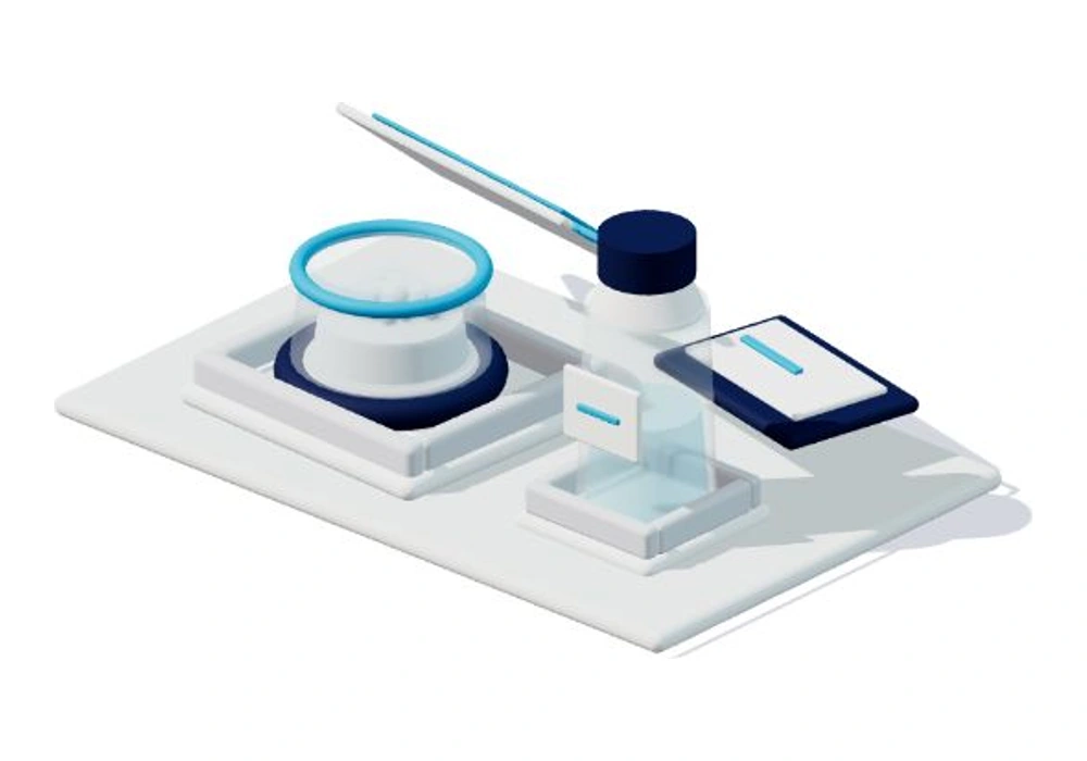 Isometric protective tray with a dry unit, opened peel lid and separate companion liquid bottle