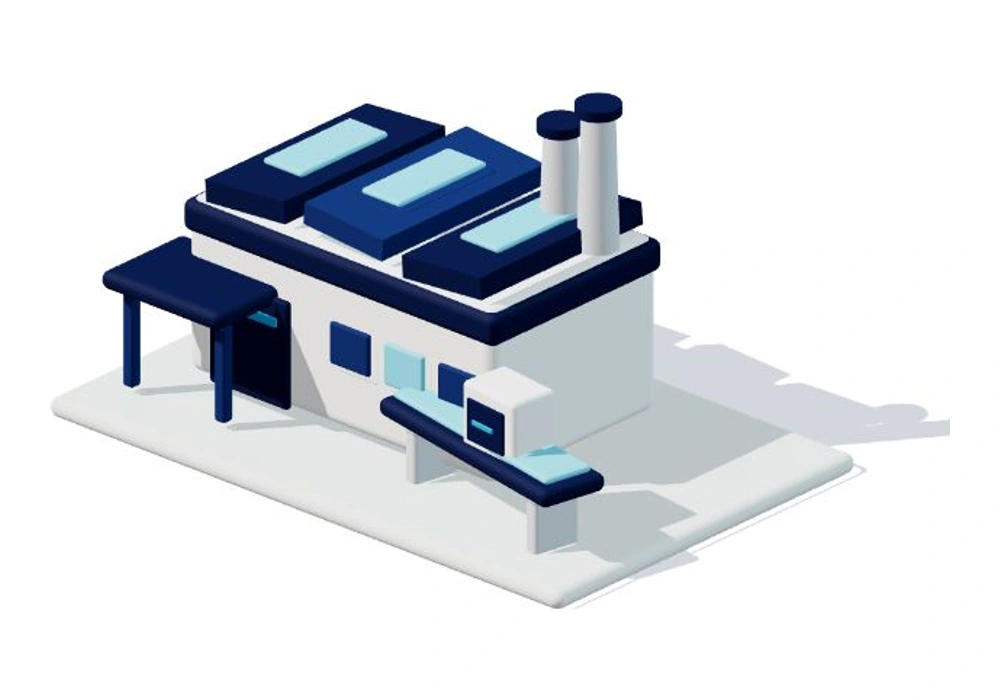 Isometric generic production facility with one pack-out belt and one paper carton