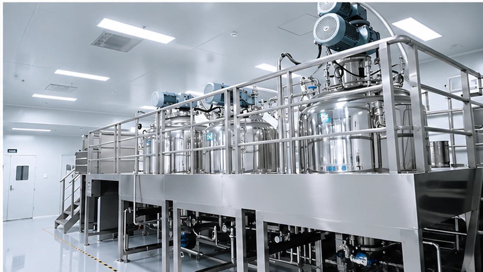 A row of stainless mixing vessels with an elevated access platform