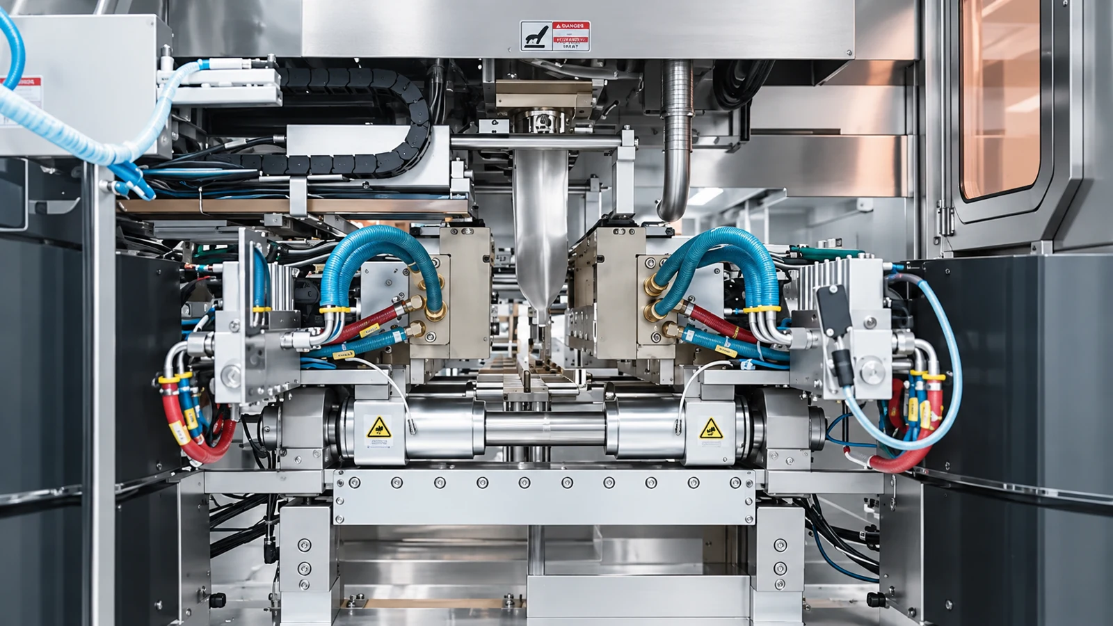 Mould tooling and connected tubing inside production equipment