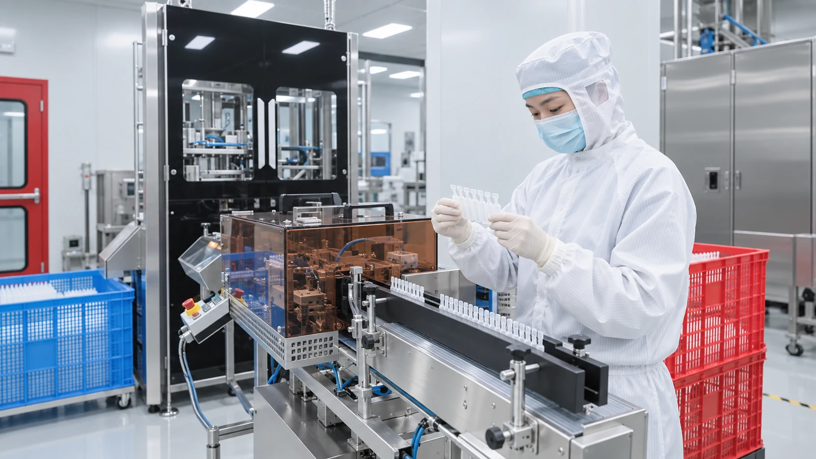 An operator examining a single-dose strip beside production equipment