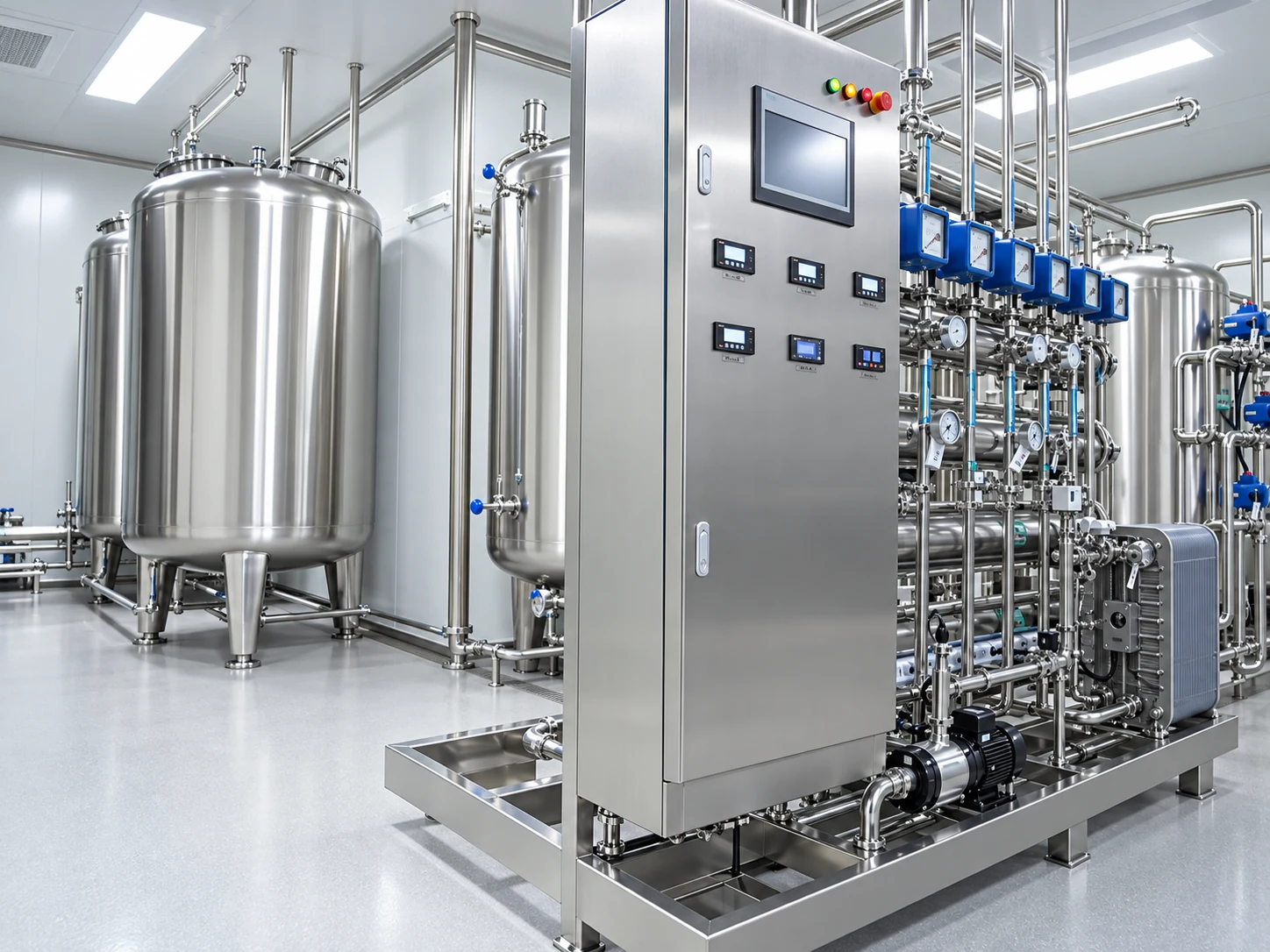 Stainless tanks, interconnected pipework and a control cabinet